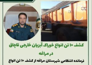 کشف ۱۰ تن انواع خوراک آبزیان خارجی قاچاق در مراغه